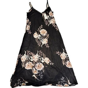 NWTS‎ 90s Black Slip Dress w/ White Tan Rose Sans Souci Low Back Spaghetti Strap